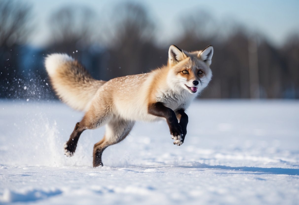 An arctic fox romps in the snow, pouncing on its own tail and leaping through the air with a playful and energetic demeanor