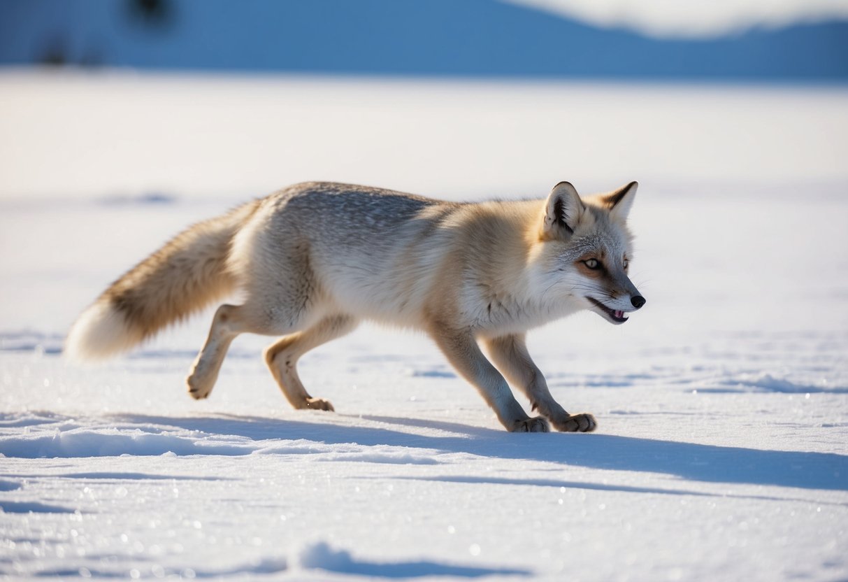 An arctic fox pouncing on snow, tail wagging, chasing its own shadow