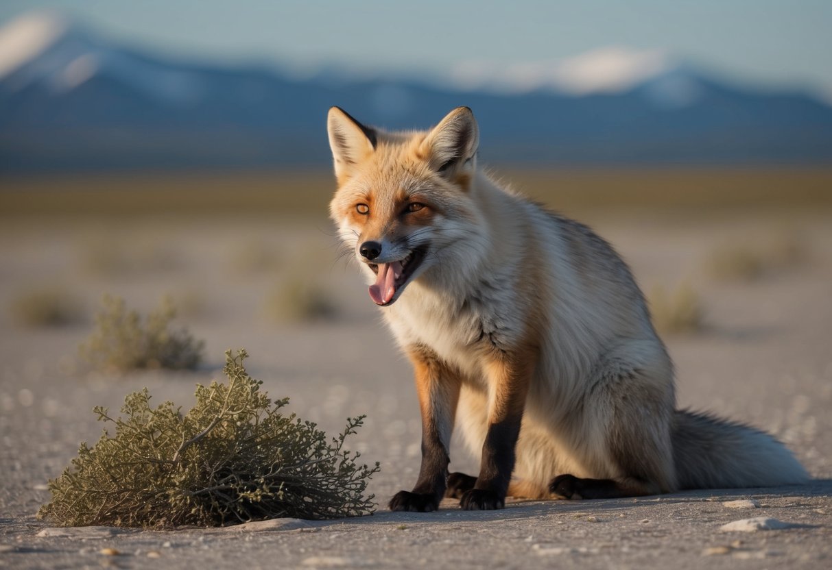 An arctic fox panting in the scorching heat of the tundra, seeking shade under a sparse clump of vegetation