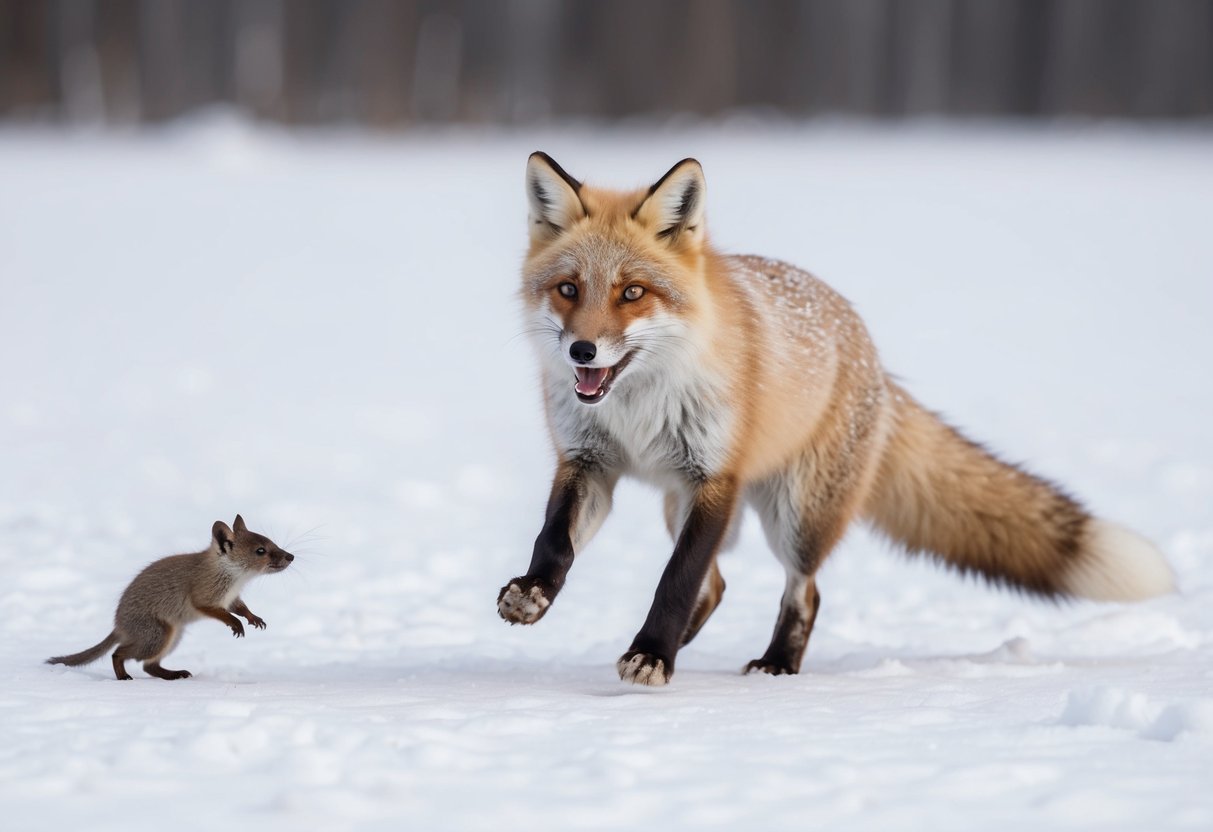 An arctic fox pouncing on snow-covered ground, chasing after a small rodent