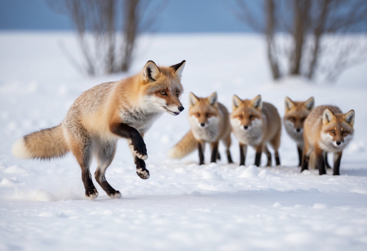 An arctic fox frolics in the snow, leaping and pouncing with playful energy. Nearby, a group of foxes cautiously observes their surroundings for potential threats