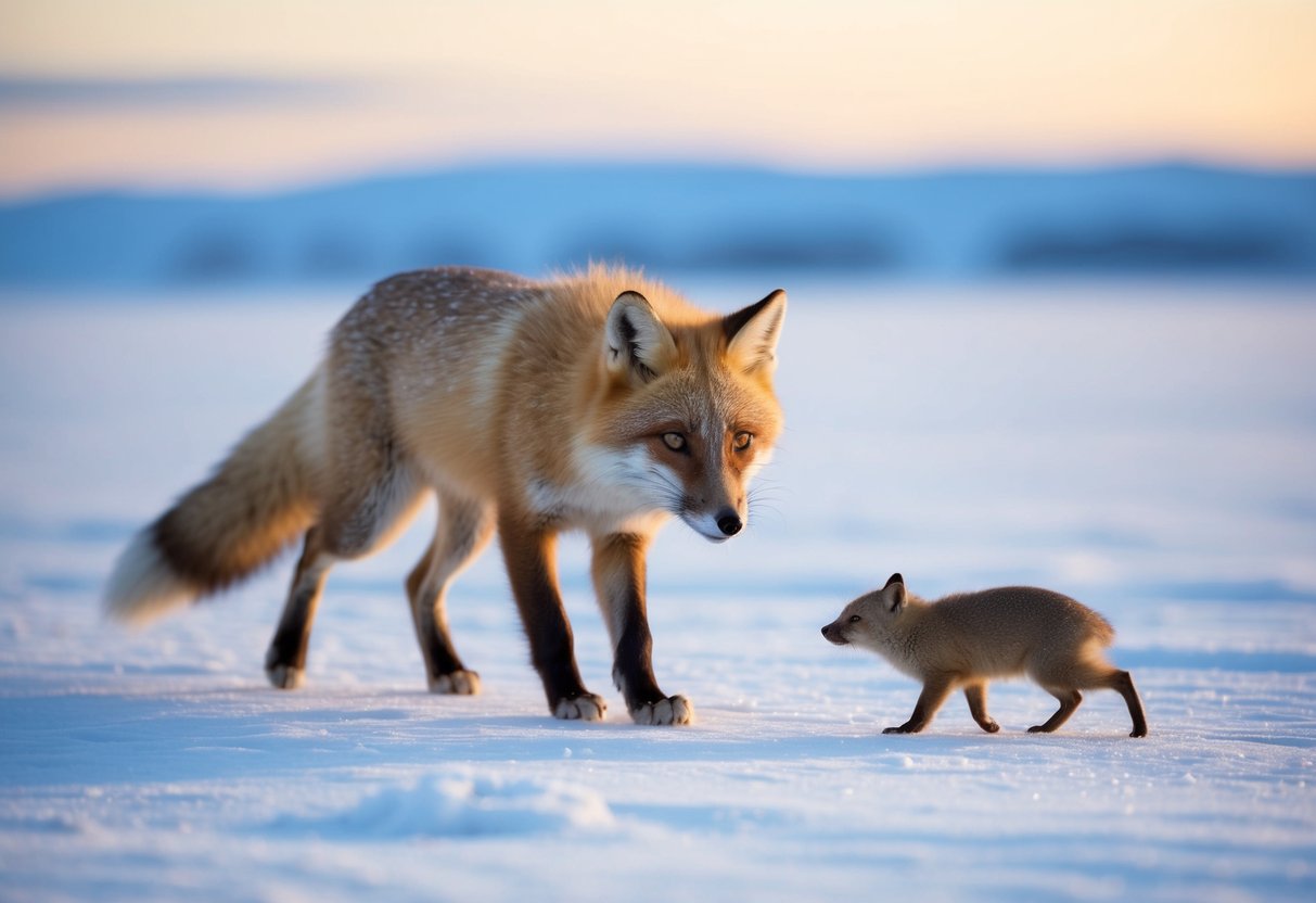 An arctic fox hunts a lemming in the snowy tundra