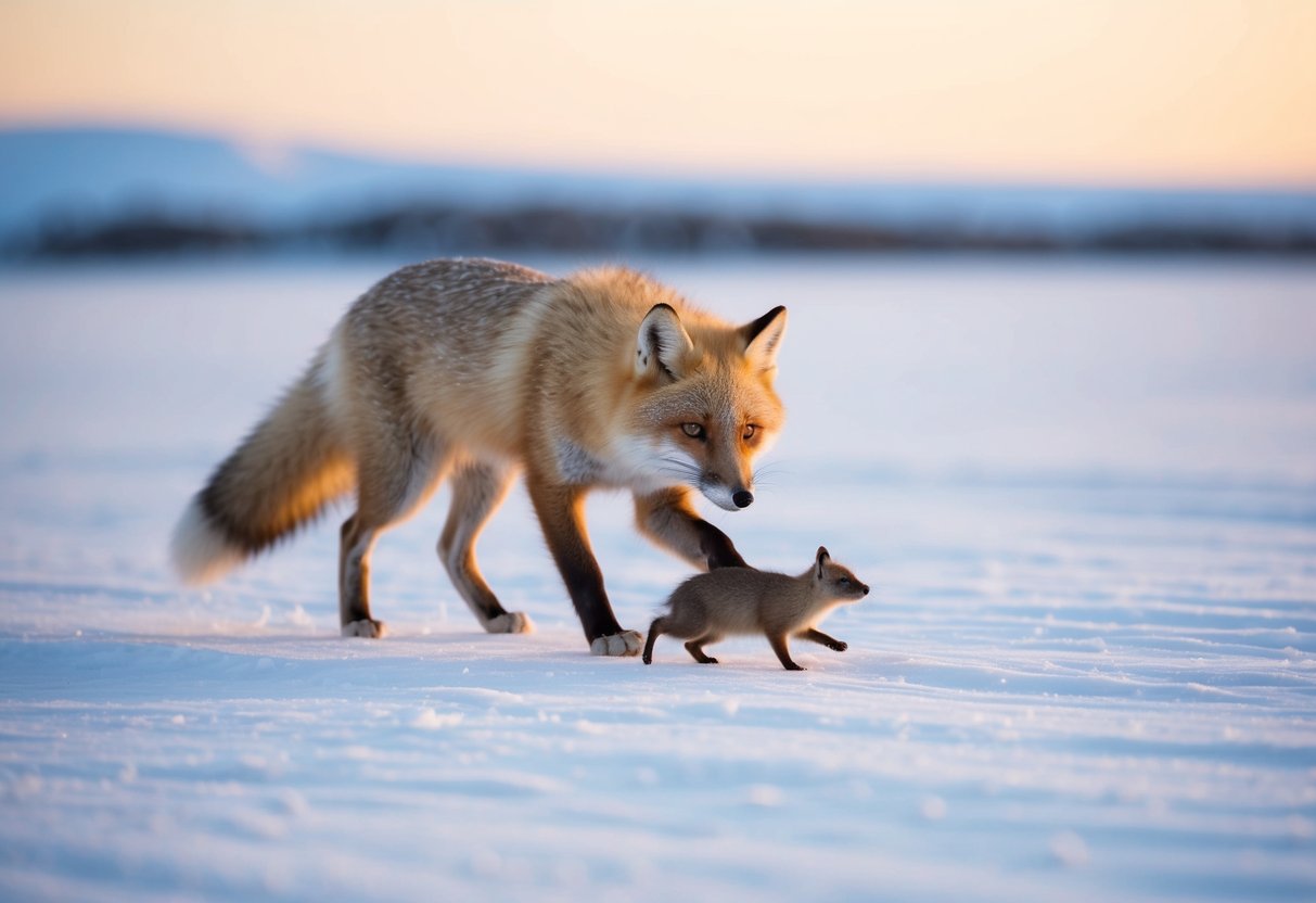 An arctic fox hunts a lemming in the snowy tundra