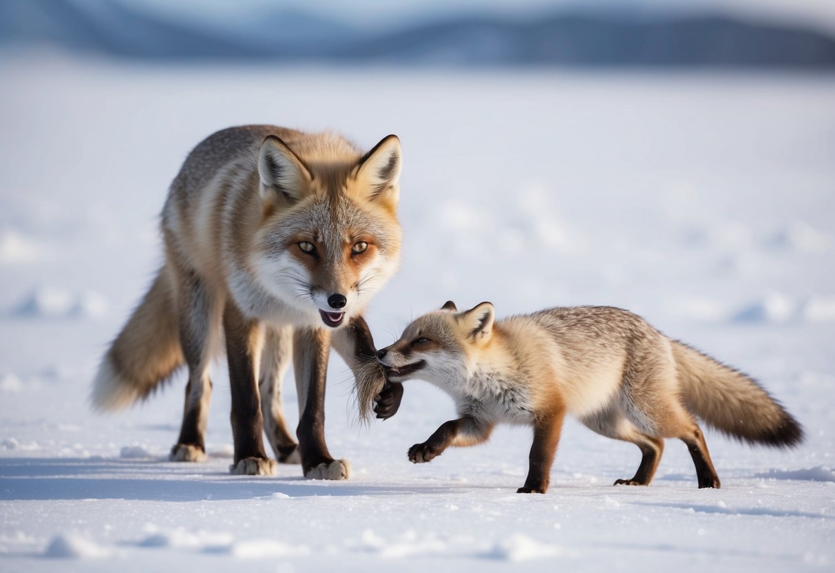 An arctic fox hunts and catches a lemming for its family in the snowy tundra