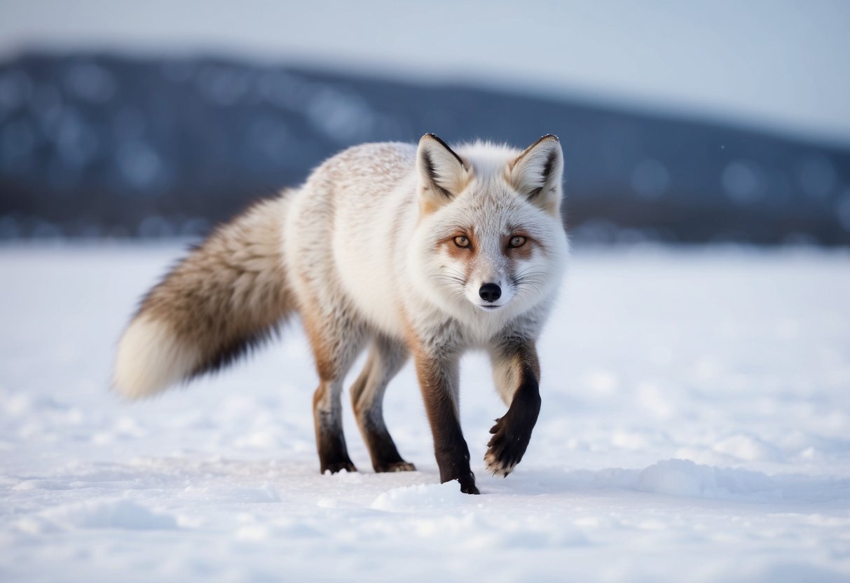 An arctic fox with thick white fur blending into snowy landscape, small ears, and a bushy tail, hunting for prey in the icy tundra