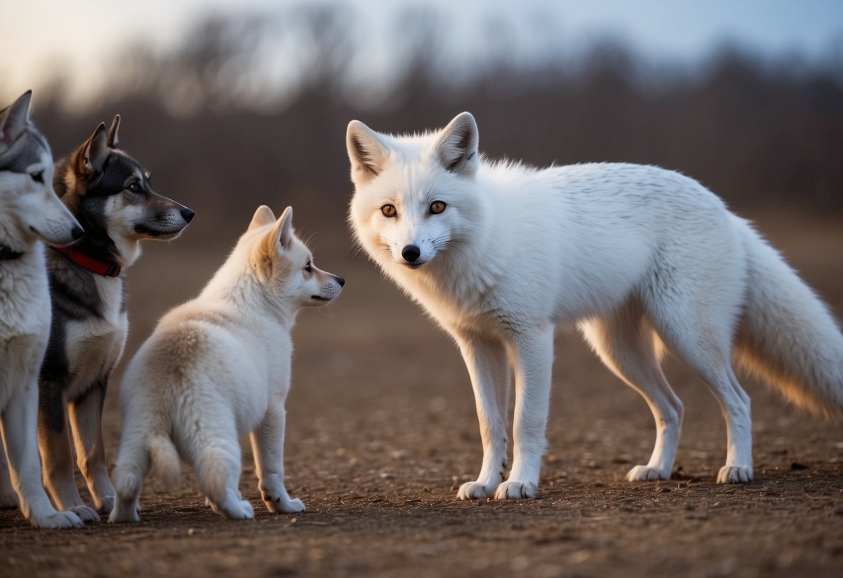 An arctic fox stands near a group of dogs, observing them with curiosity. Its sleek white fur contrasts with the dogs' varied coats