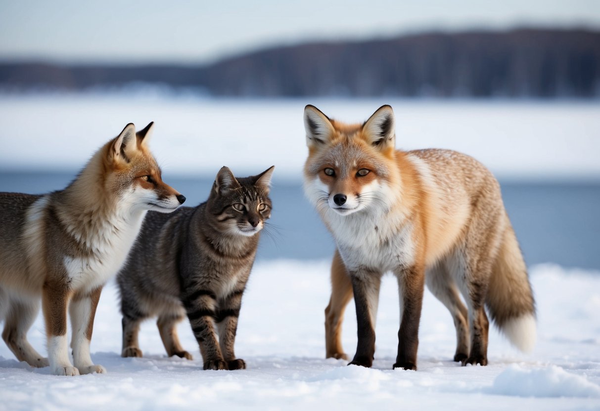 An arctic fox stands between a dog and a cat, observing both closely. Snow-covered landscape in the background