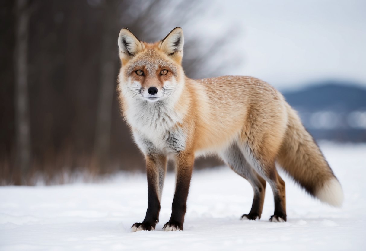 An arctic fox stands alert in the snow, its pointed ears and bushy tail resembling a cat, while its sleek body and long legs are more dog-like
