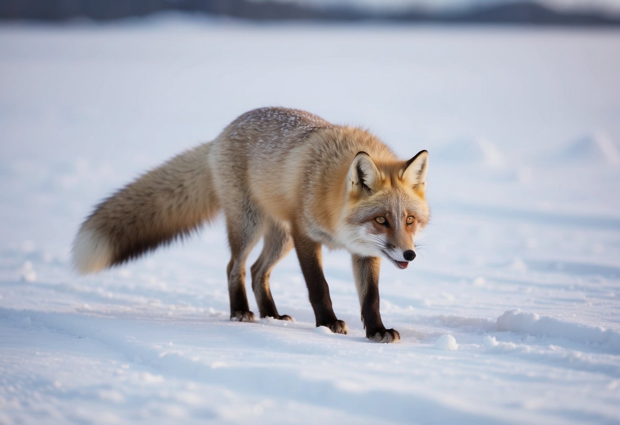 An arctic fox with its bushy tail and thick fur hunts for food in the snowy tundra, displaying traits similar to both dogs and cats