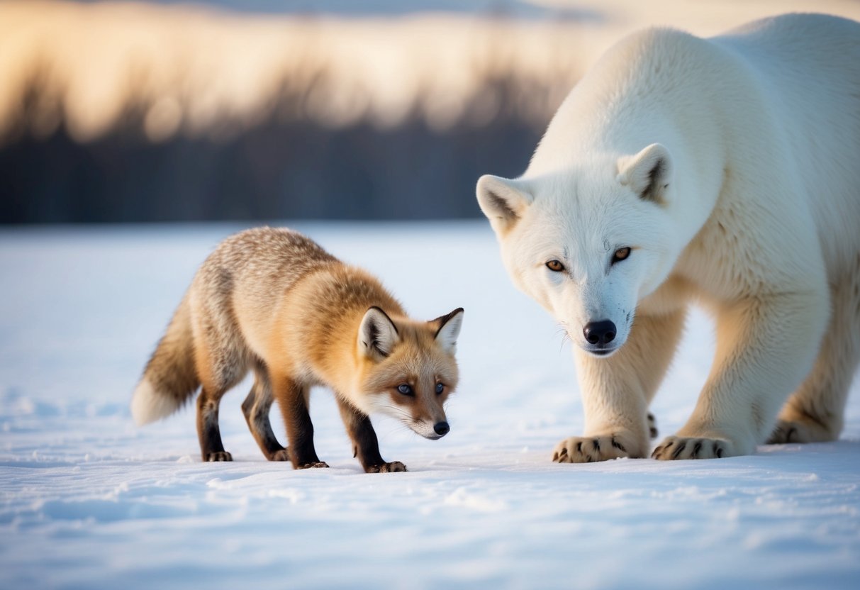 An arctic fox stalked by a looming polar bear