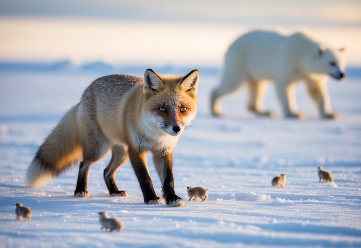 An arctic fox stealthily hunts for lemmings in the snowy tundra, while keeping a watchful eye out for its biggest predator, the polar bear