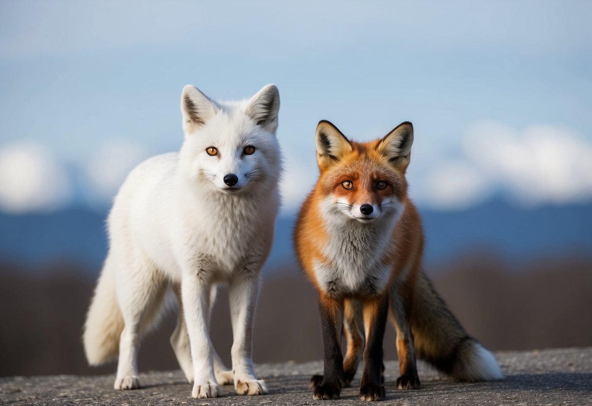 An arctic fox and a red fox standing side by side, showcasing their contrasting fur colors and sizes