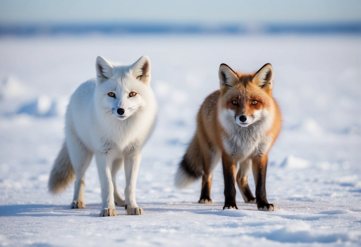 An arctic fox and a red fox stand side by side, their distinct fur colors blending into the snowy landscape. The arctic fox's smaller size and thicker fur are evident as they both gaze out across the frozen tundra