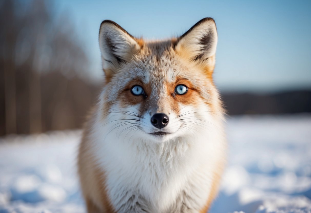 An arctic fox with one blue eye and one brown eye, standing against a snowy backdrop with a curious expression