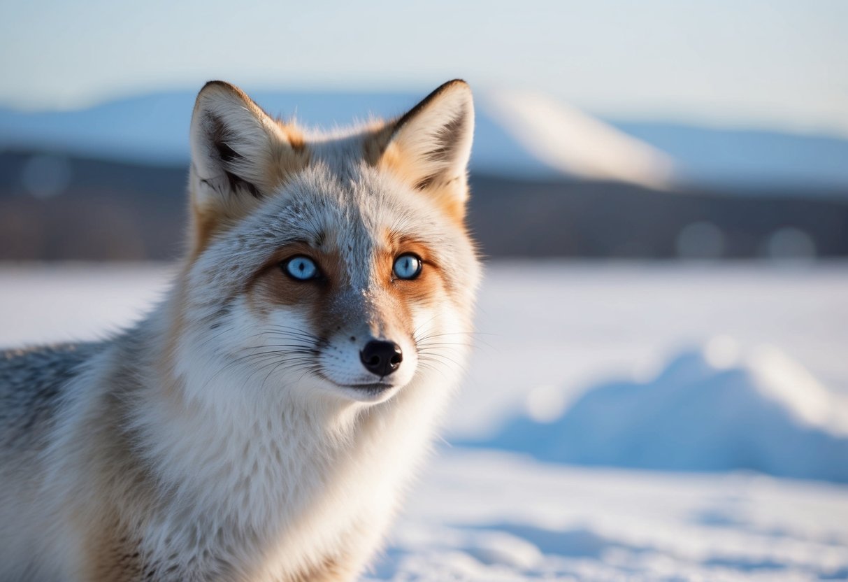 An arctic fox with one blue eye and one brown eye stares out from a snowy landscape, showcasing the unique trait of heterochromia