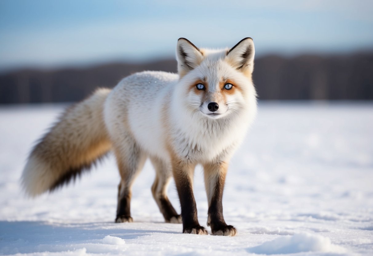 An arctic fox with white fur and a bushy tail stands in a snowy landscape, its piercing blue and golden eyes gazing out