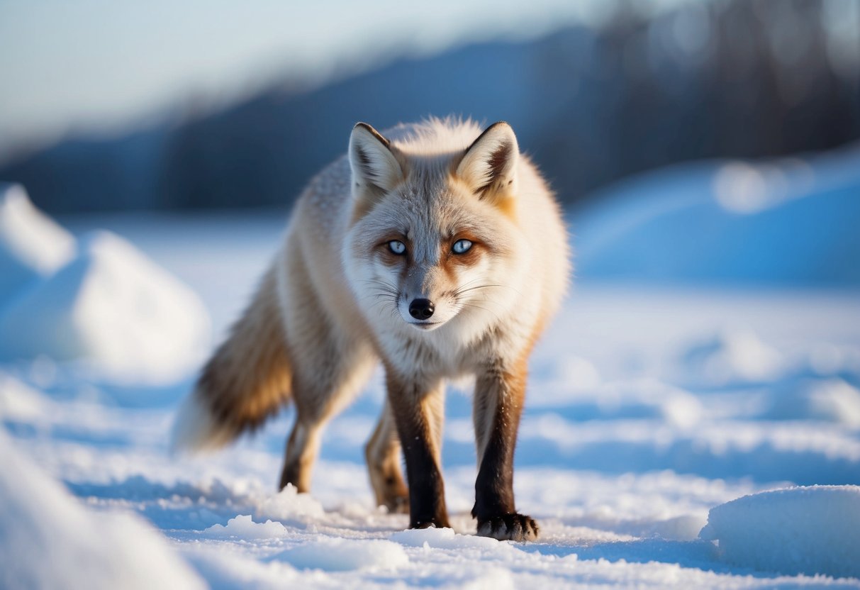 An arctic fox with one blue eye and one brown eye, surrounded by snow and ice, hunting for food in its natural habitat