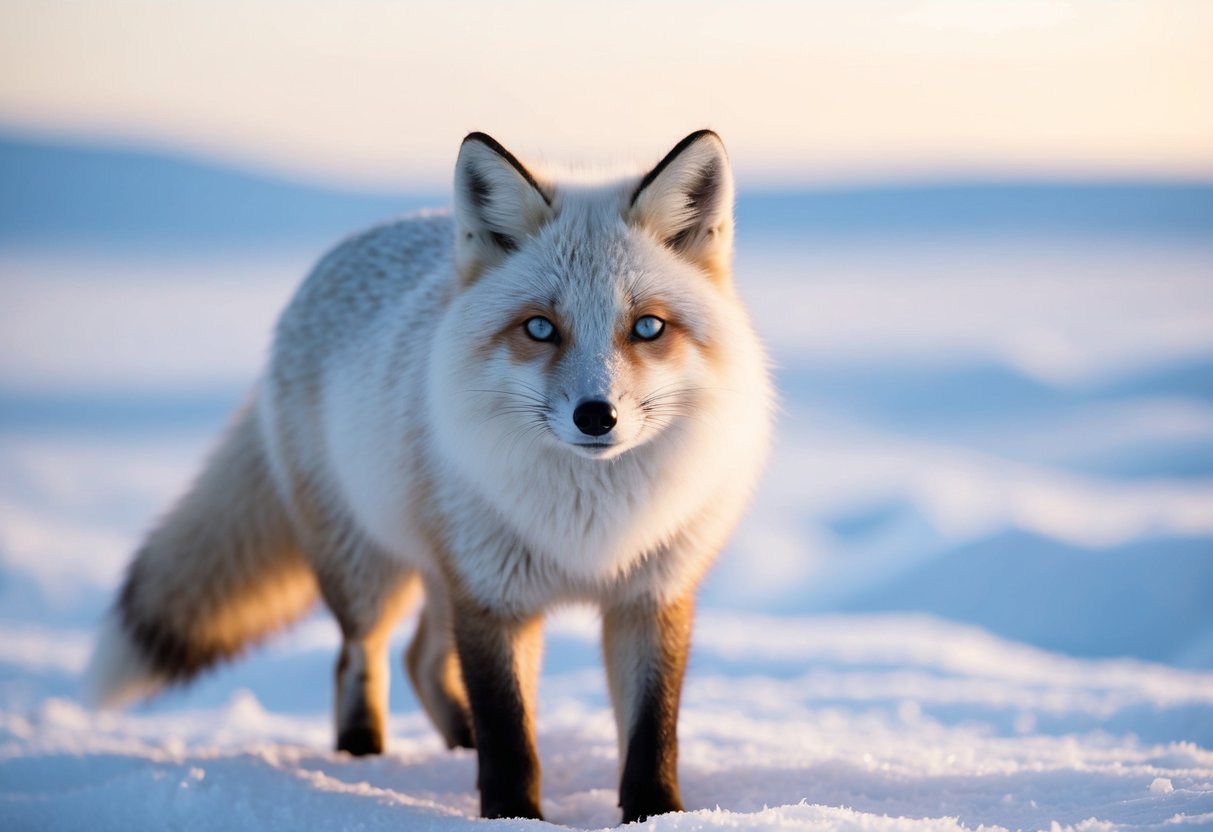 An arctic fox stands on a snowy tundra, its white fur blending with the landscape. Its piercing blue and golden eyes gaze out, showcasing its heterochromia
