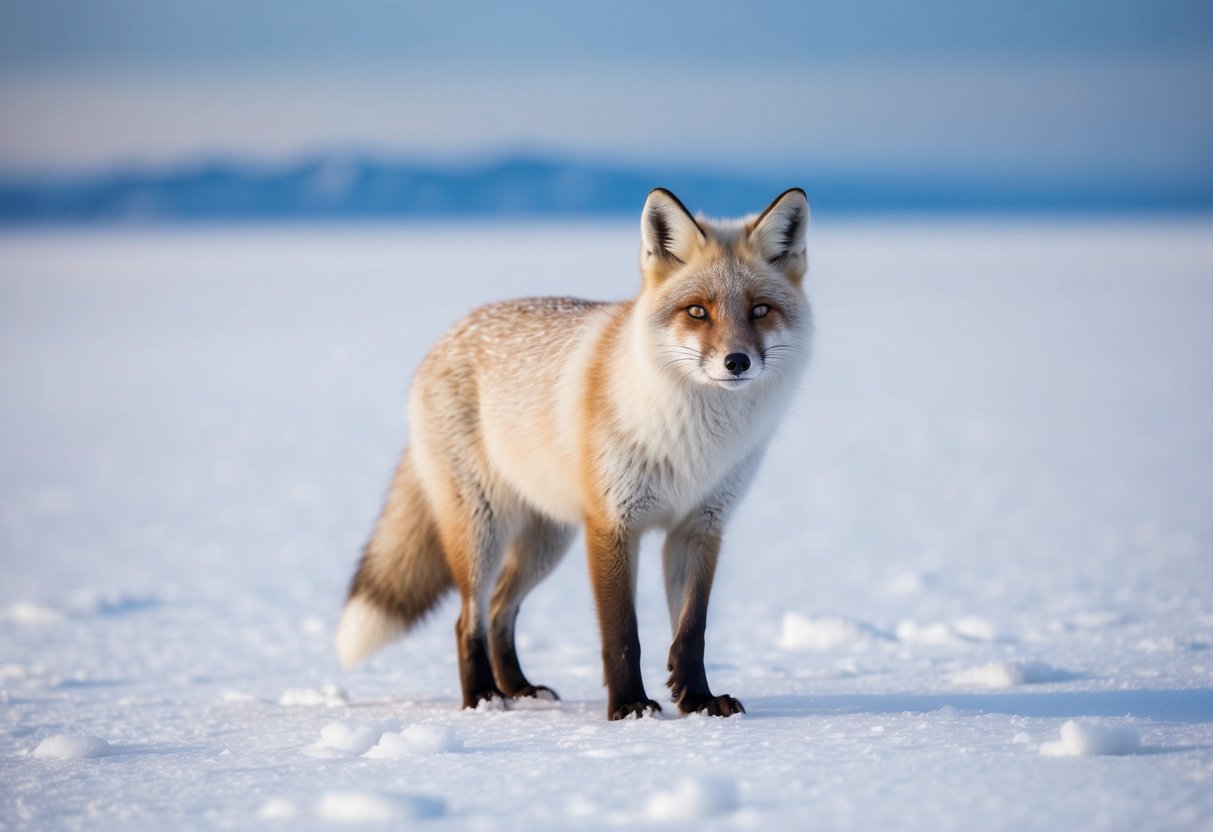 An arctic fox stands alone on a snow-covered tundra, its fur blending seamlessly with the icy landscape. The fox's keen eyes scan the horizon, alert and wary