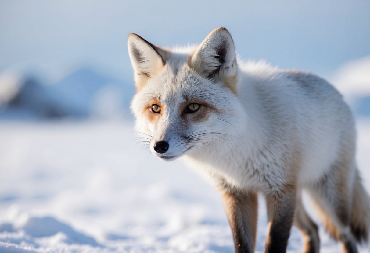 An arctic fox with thick white fur and small ears, blending into snowy landscape, hunting for food in the harsh arctic environment