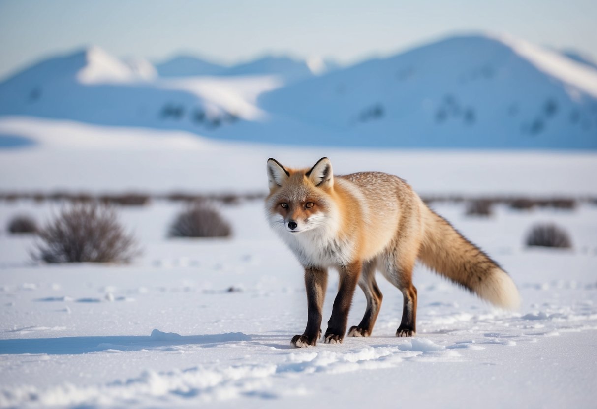 An arctic fox roams across a snowy tundra, with icy mountains in the distance and a few scattered shrubs dotting the landscape