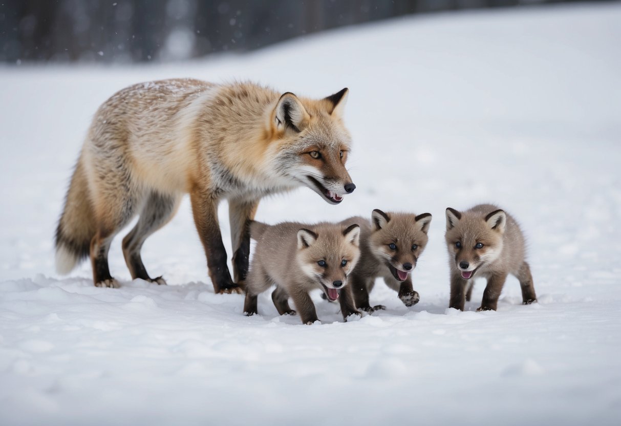 An arctic fox mother fiercely protects her den, while her playful pups frolic in the snow nearby
