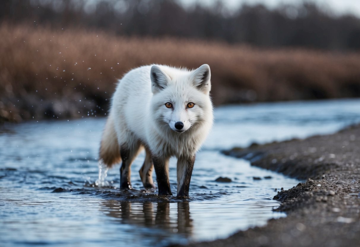 An arctic fox stands in a shallow stream, its white fur glistening as the water runs over it, washing away any dirt or debris