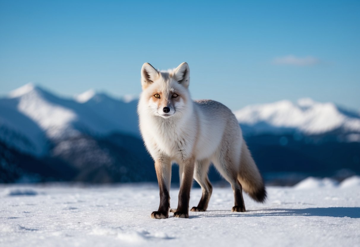 An arctic fox standing on a snowy landscape, its white fur blending with the surroundings, with a backdrop of icy mountains and a clear blue sky