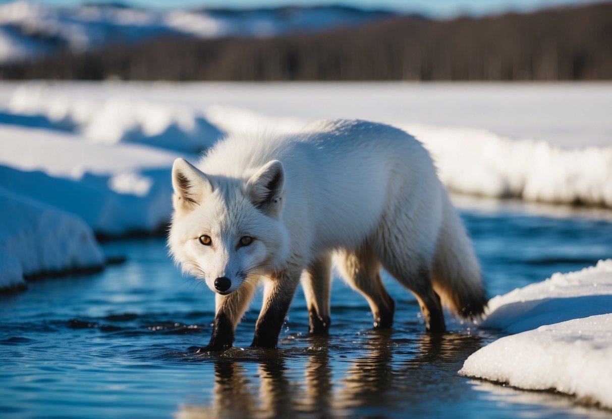 An arctic fox bathes in a shallow stream, its white fur glistening in the sunlight. Nearby, a snow-covered landscape stretches out, showcasing the fox’s natural habitat