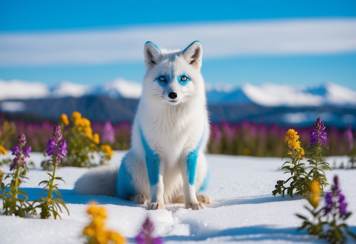 An arctic fox sits in a snowy landscape, its fur transitioning from white to a vibrant shade of blue, surrounded by colorful flowers and a clear blue sky