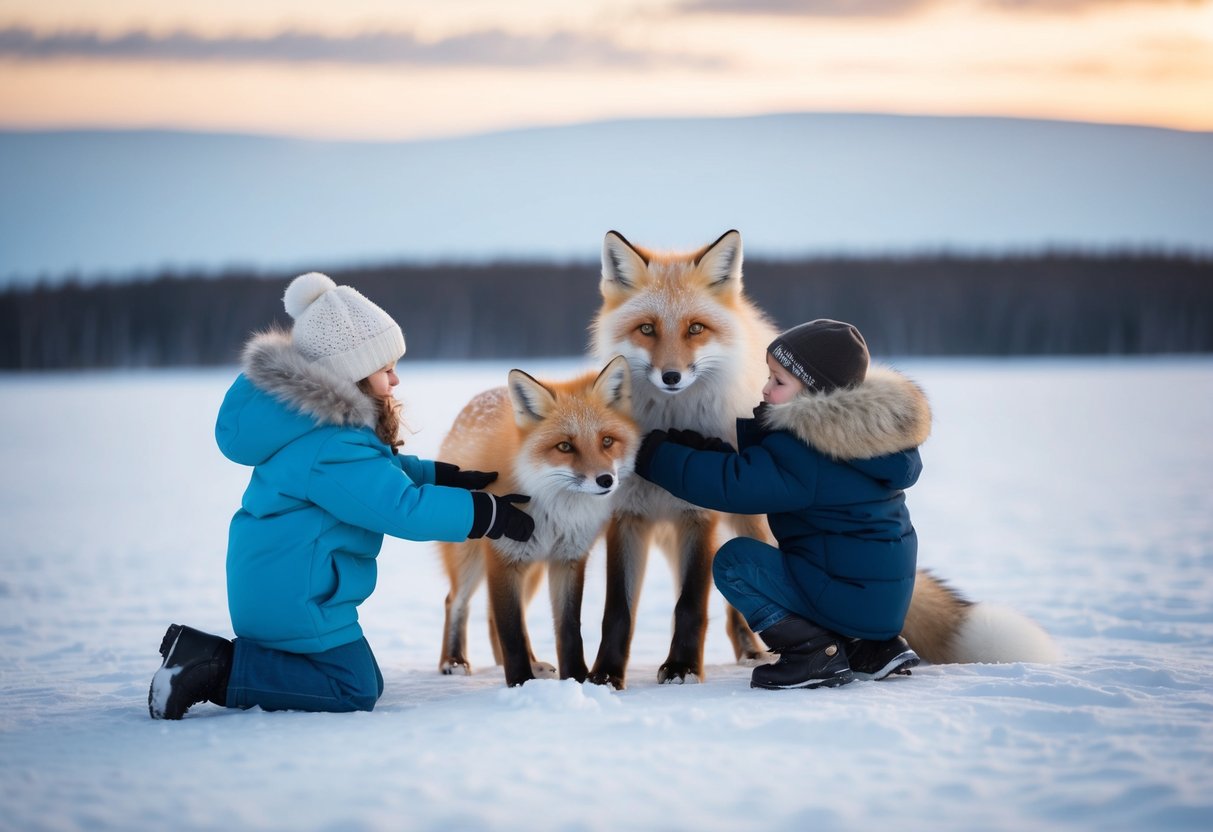 An arctic fox playing with children in a snowy landscape