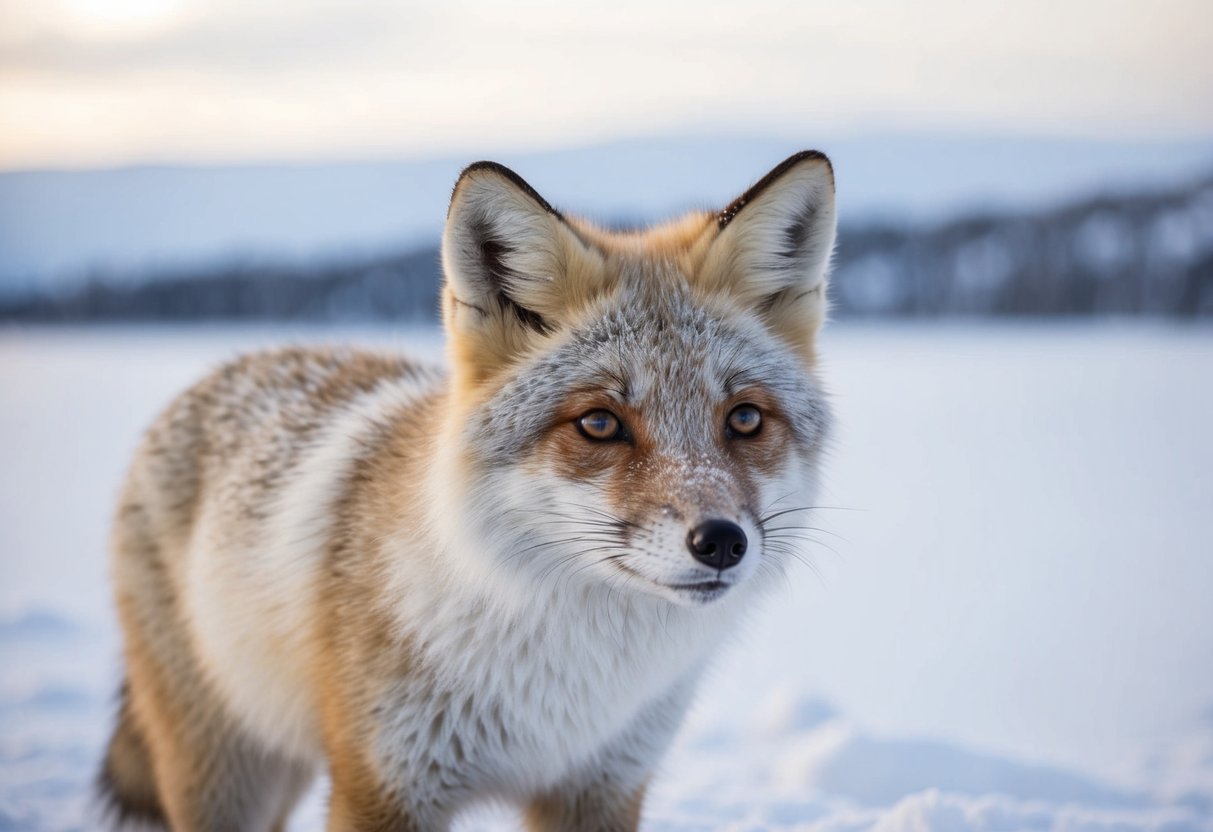 An arctic fox camouflaged in snowy landscape, its thick fur and small ears adapted for cold climate, blending into its environment