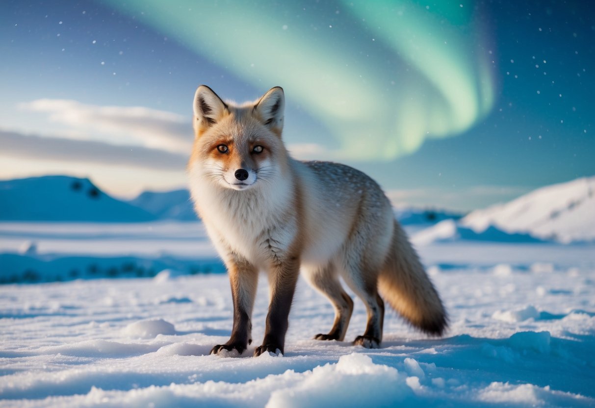 An arctic fox in its snowy habitat, surrounded by icy landscapes and northern lights
