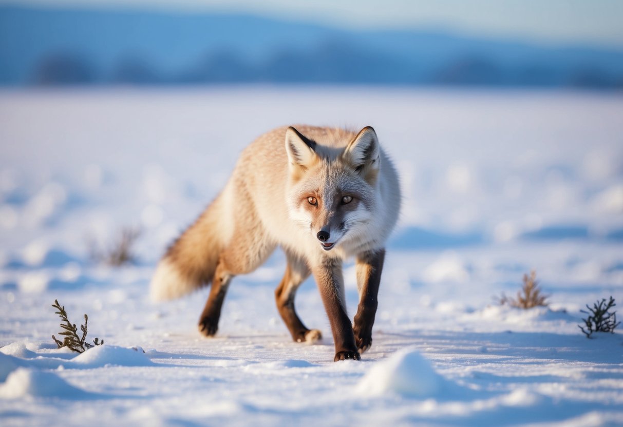 An arctic fox hunting for prey in the snowy tundra, with a focus on its diet and hunting behaviors