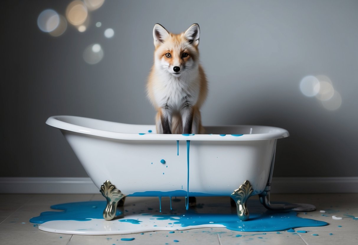 An arctic fox stands in a bathtub, surrounded by spilled paint and a splotchy mess
