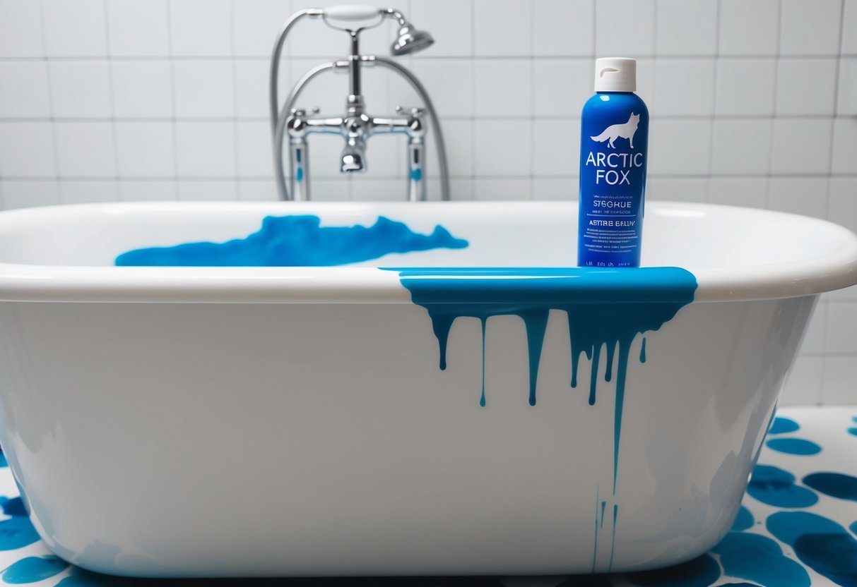 A white tub with blue staining from spilled Arctic Fox hair dye