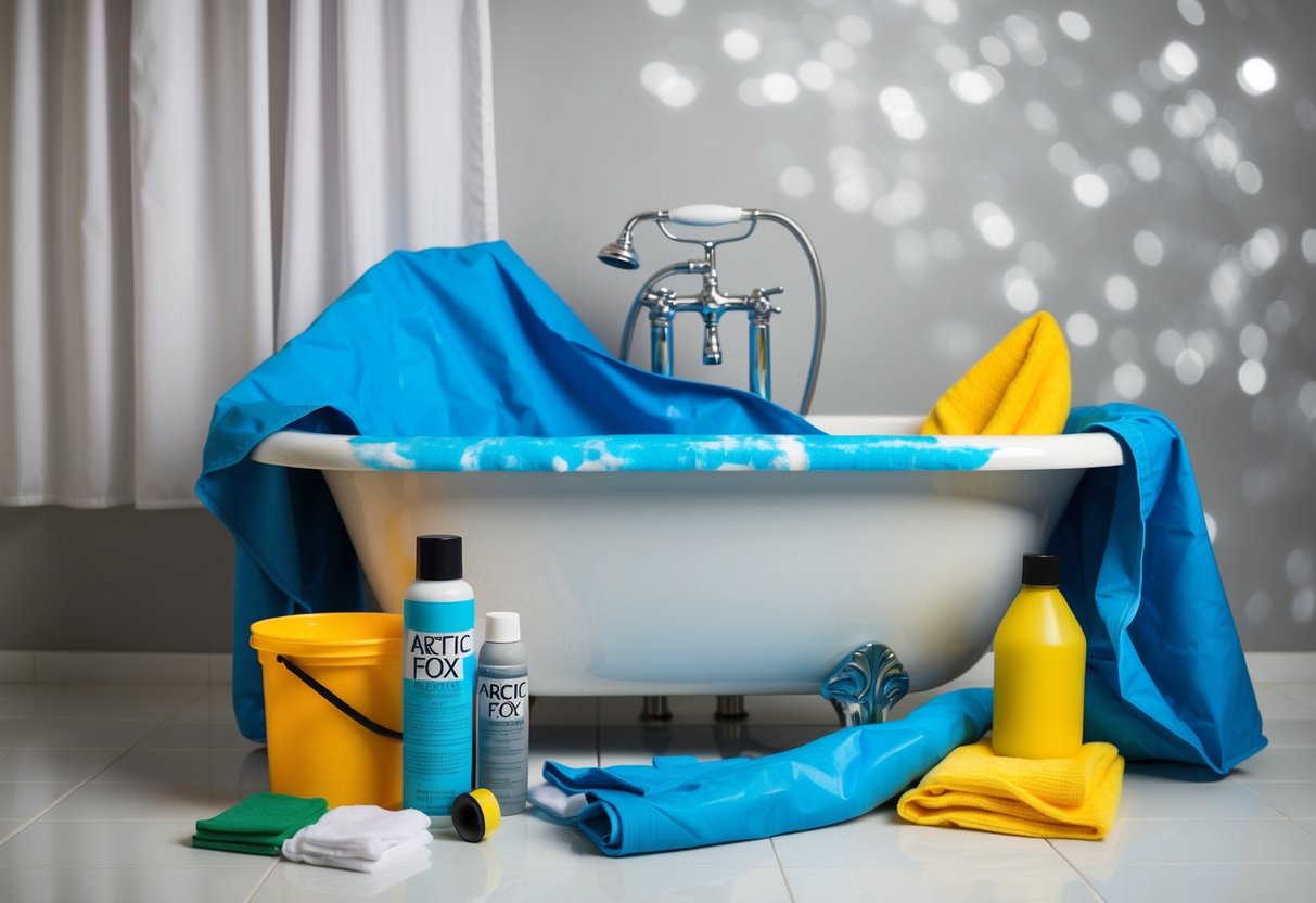 A tub stained with Arctic Fox hair dye, surrounded by protective coverings and cleaning supplies