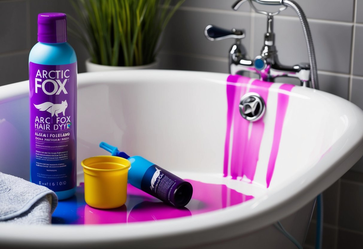 A bottle of arctic fox hair dye spills, staining the white tub with vibrant color. A cloth and cleaning supplies sit nearby