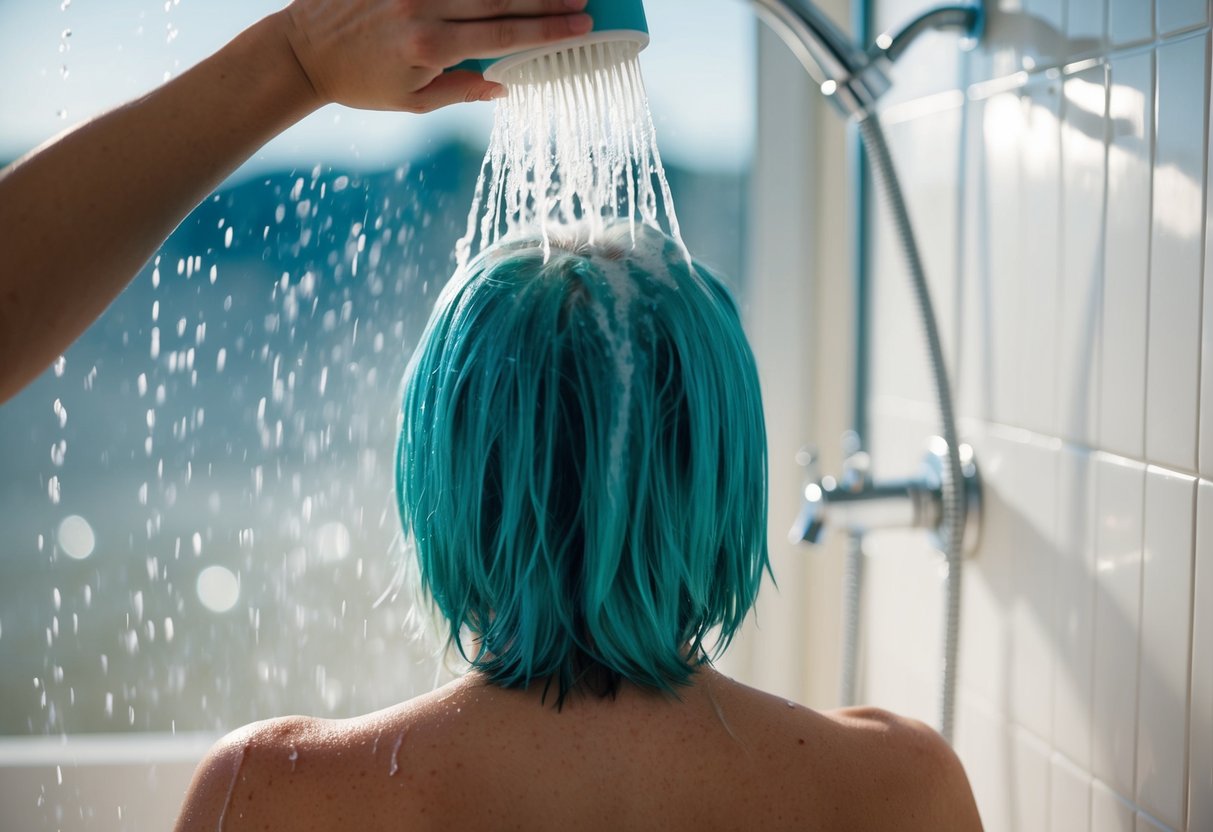 A person uses a clarifying shampoo to wash out Arctic Fox hair dye in a shower with running water
