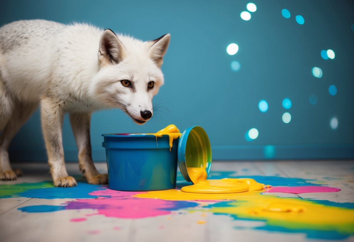 An arctic fox knocks over a tub of paint, creating colorful stains and spills on the floor