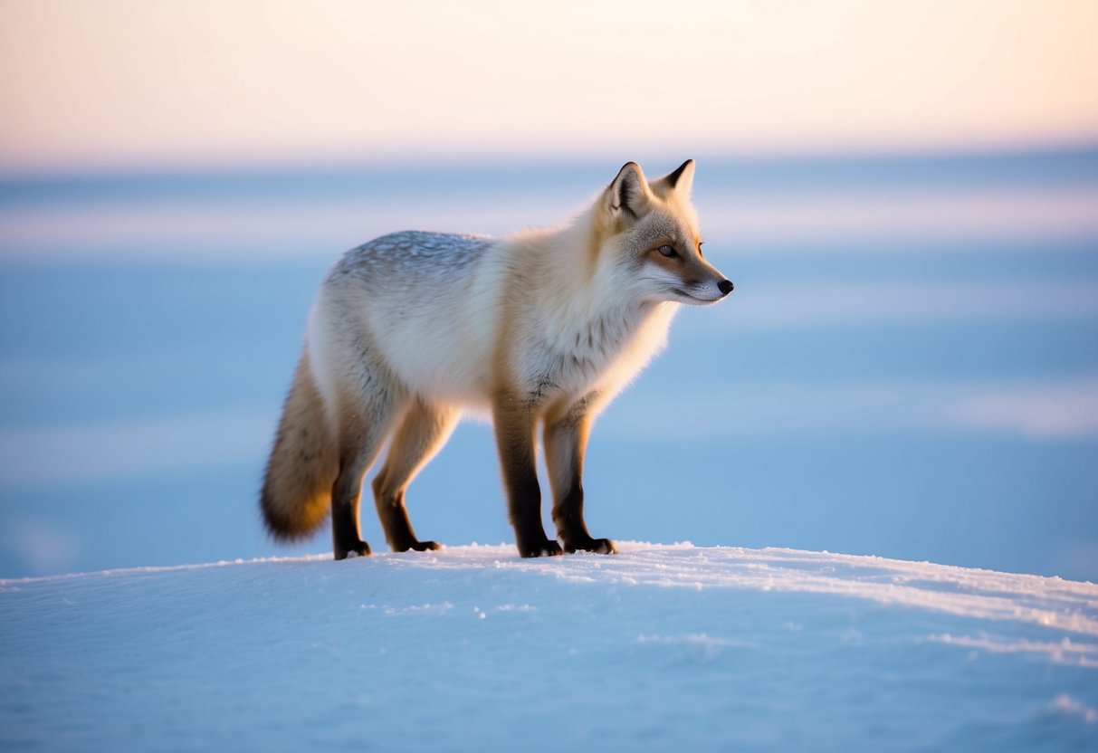 An arctic fox stands on a snowy hill, its white fur blending into the icy landscape as it looks out over a frozen tundra