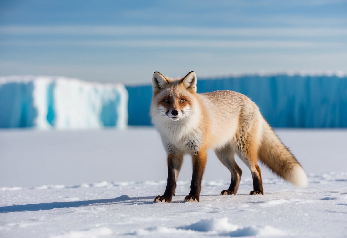 An arctic fox standing on a snow-covered tundra, surrounded by icy cliffs and a clear blue sky