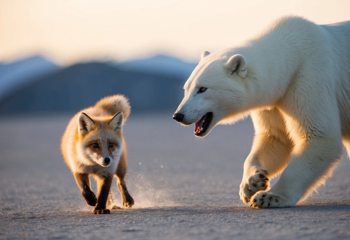An arctic fox being chased by a hungry polar bear