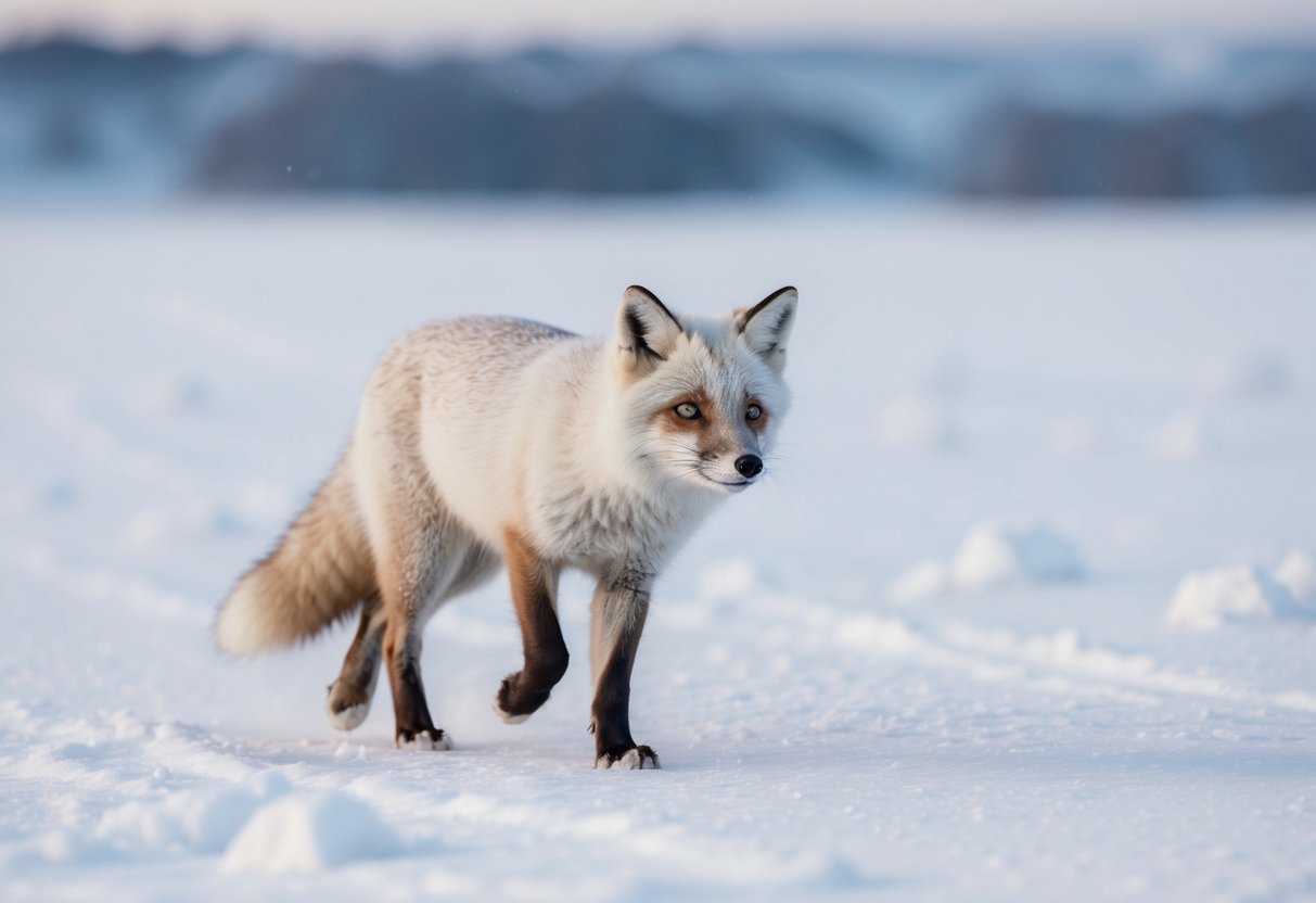 An arctic fox trots across a snow-covered landscape, its white fur blending in with the icy surroundings. The fox's keen eyes scan the horizon for prey
