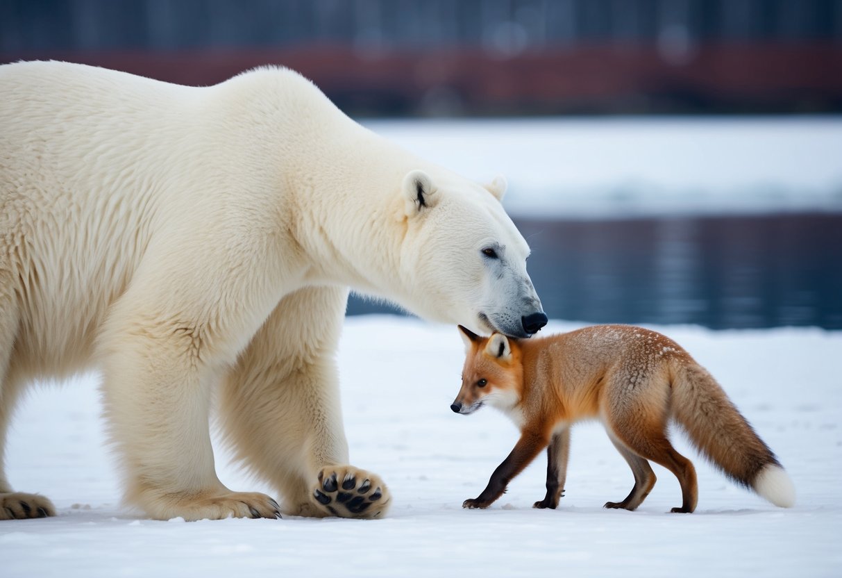 A polar bear stalking an arctic fox in its melting habitat