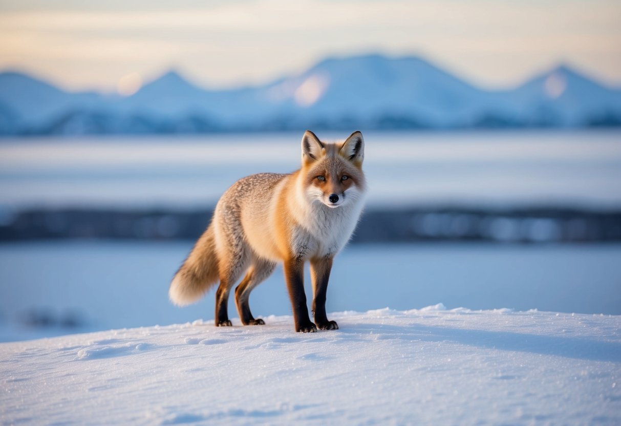 An arctic fox stands on a snow-covered hill, surrounded by icy tundra and distant mountains