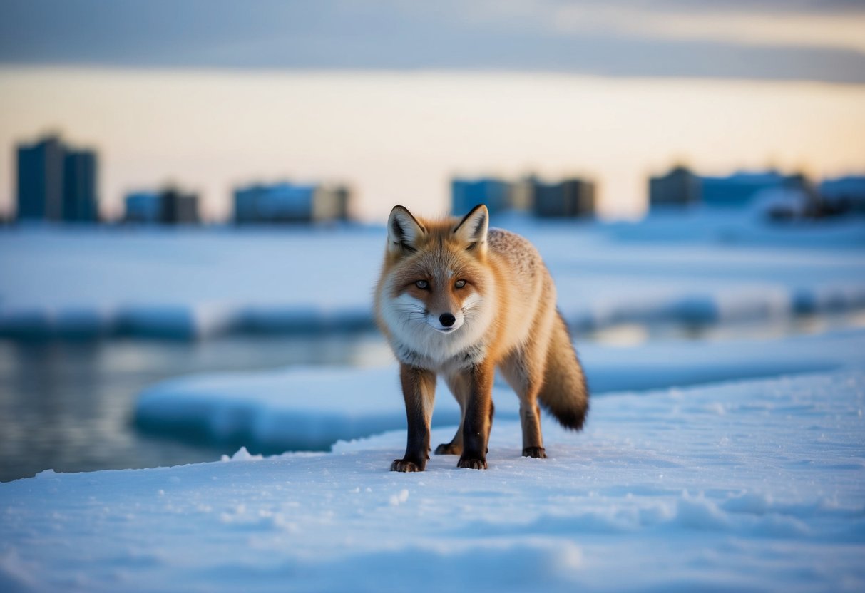 The biggest threat to the arctic fox is the loss of habitat due to climate change and human development. Show the fox in a shrinking icy landscape with encroaching human structures