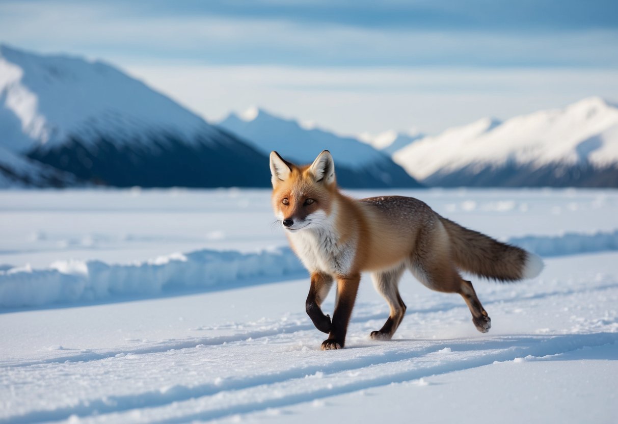 An arctic fox trots through a snowy landscape, surrounded by icy mountains and a pristine, untouched wilderness