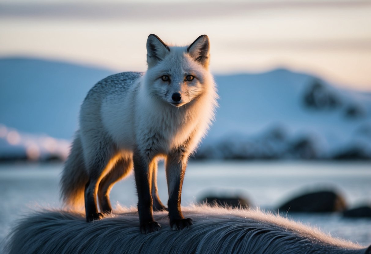 An arctic fox stands on damp hair, its fur glistening with moisture