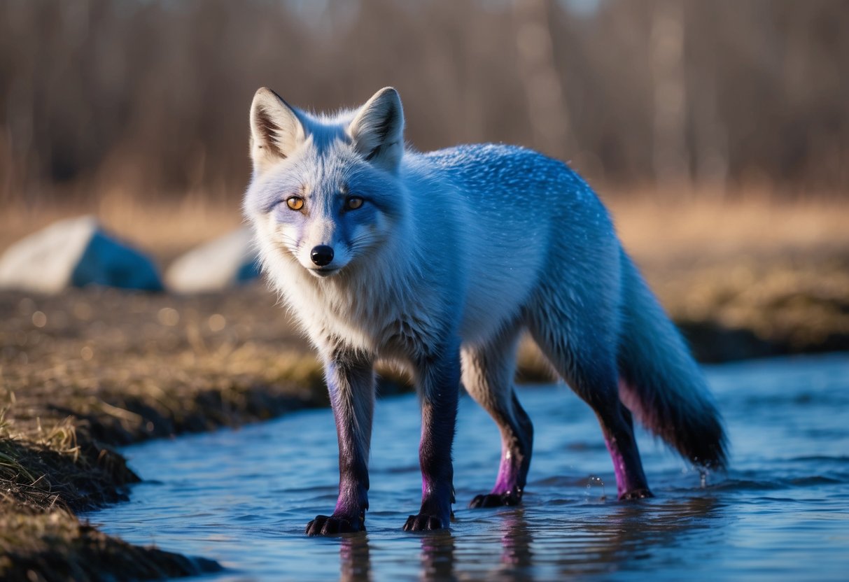 An Arctic fox with vibrant blue and purple fur stands in a shallow stream, its wet fur glistening in the sunlight